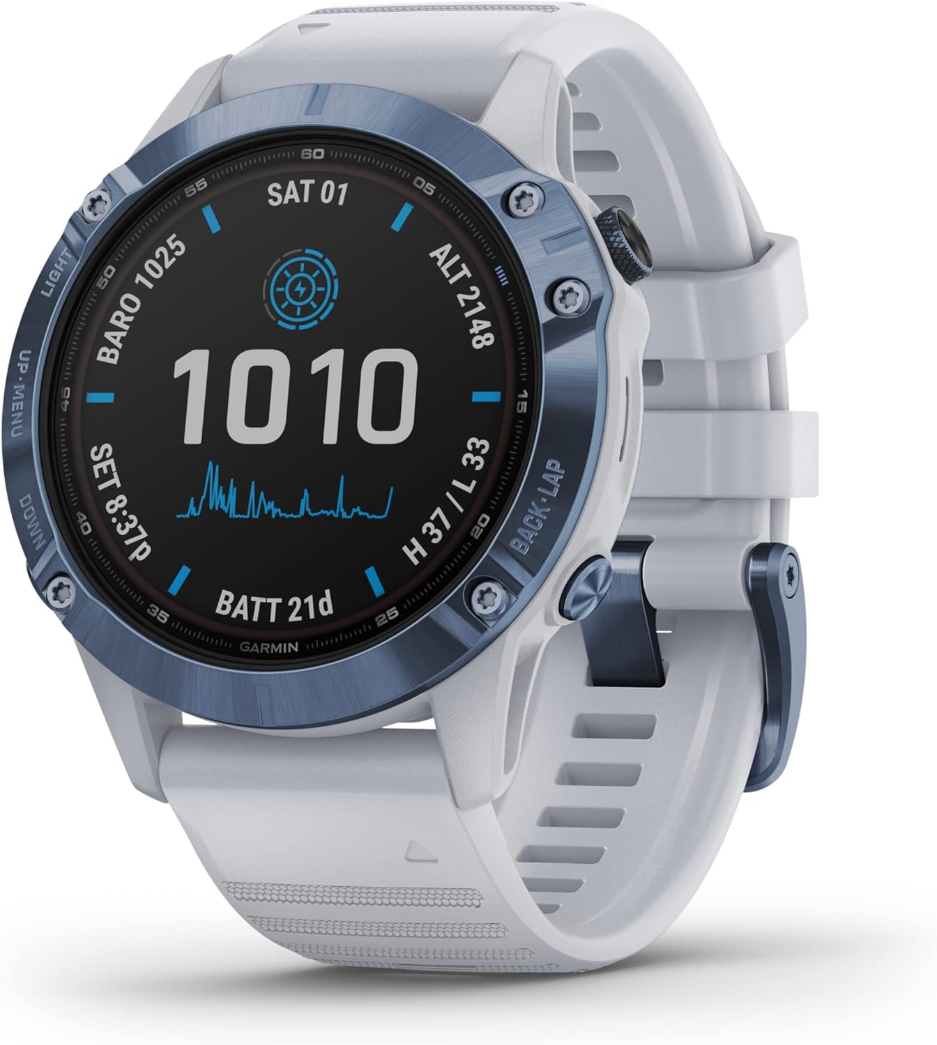 71R4c7XQwIL._AC_SL1500.jpg Garmin Fenix 6 Pro Solar, Premium Multisport GPS Smartwatch, Mineral Blue With Whitestone Band AU ™ - Image 1