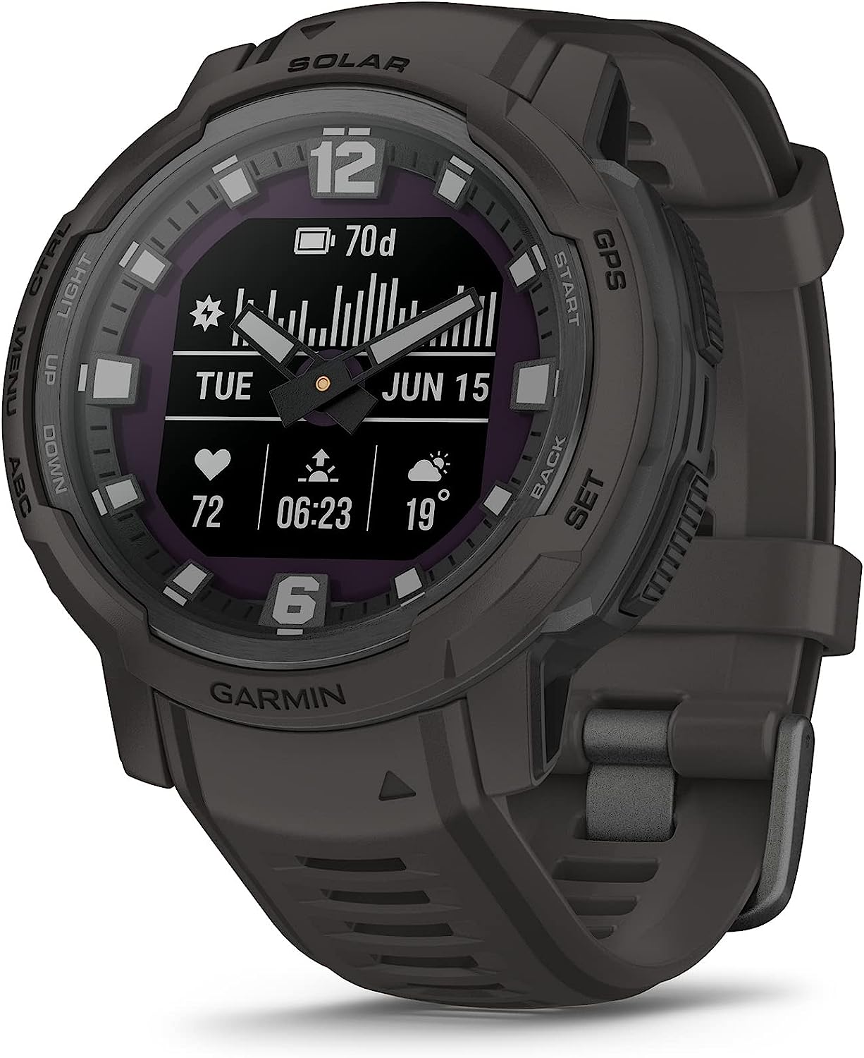 71VnYL5t9HL._AC_SL1500.jpg Garmin Instinct Crossover Solar, Rugged Hybrid Smartwatch with Solar Charging Capabilities, Analog Hands and Digital Display, Graphite, Adjustable AU ™ - Image 1